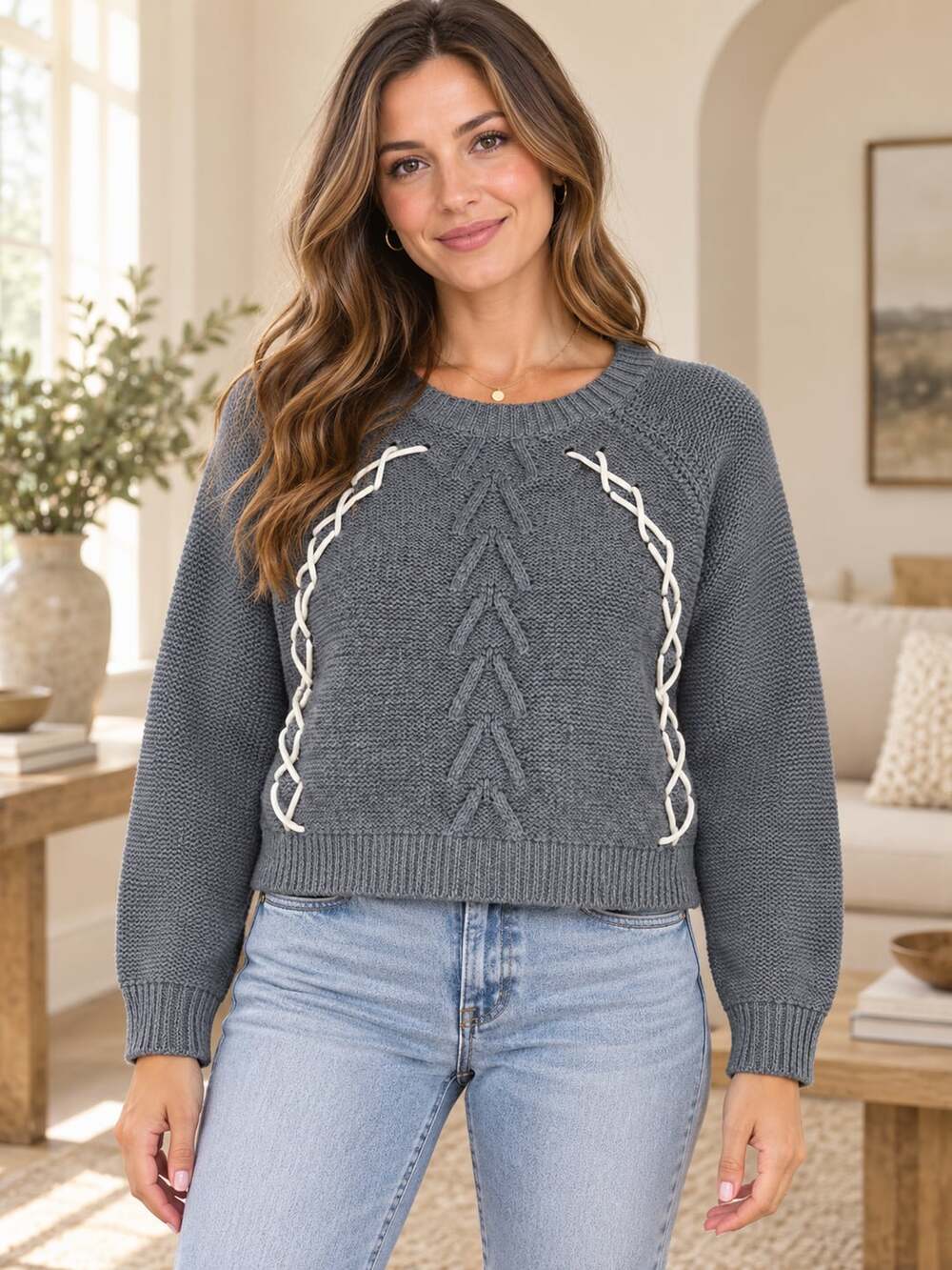 Böhme Bella Knit Sweater L Gray White Lace-Up Cropped Cotton Pullover NWT